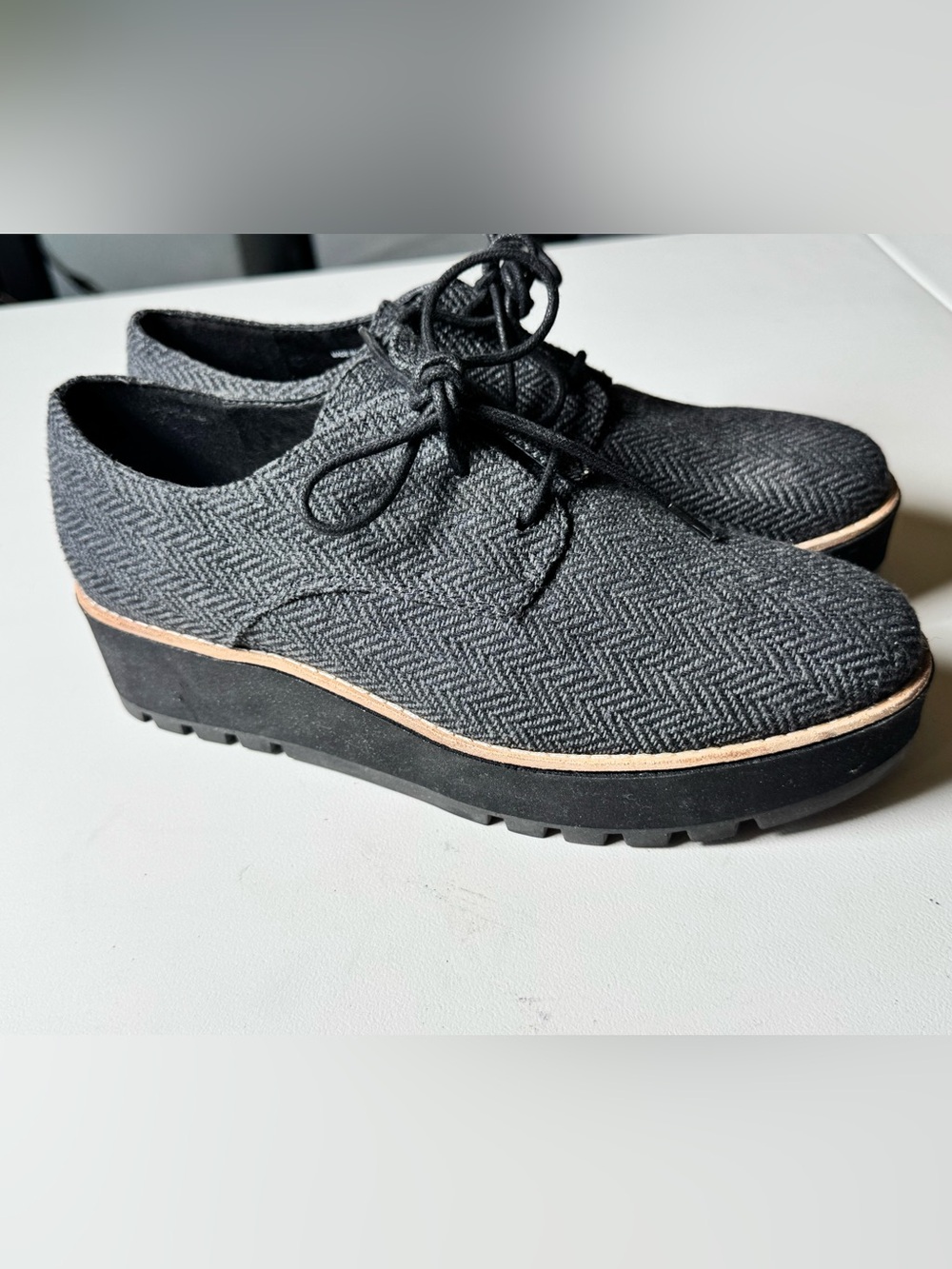 Eileen Fisher Black Herringbone Lace-Up Platform Oxfords